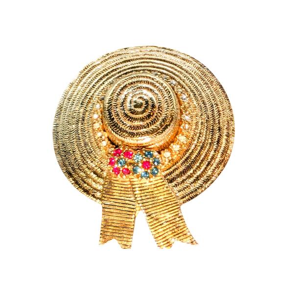 Ciner Signed VTG Gold Tone Multi-Color Clear Rhinestone Straw Hat Pin Brooch - Picture 3 of 7